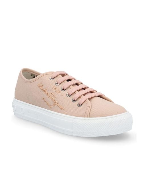 Ferragamo Pink Ferragamo Logo Embossed Lace-Up Sneakers