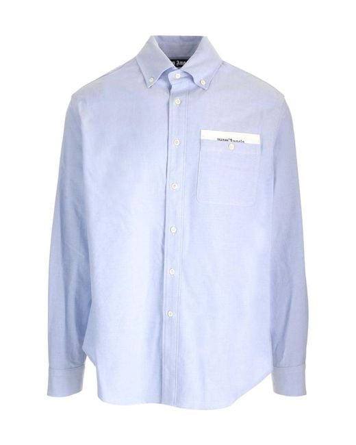 Palm Angels Blue Logo Printed Long-Sleeved Shirt for men