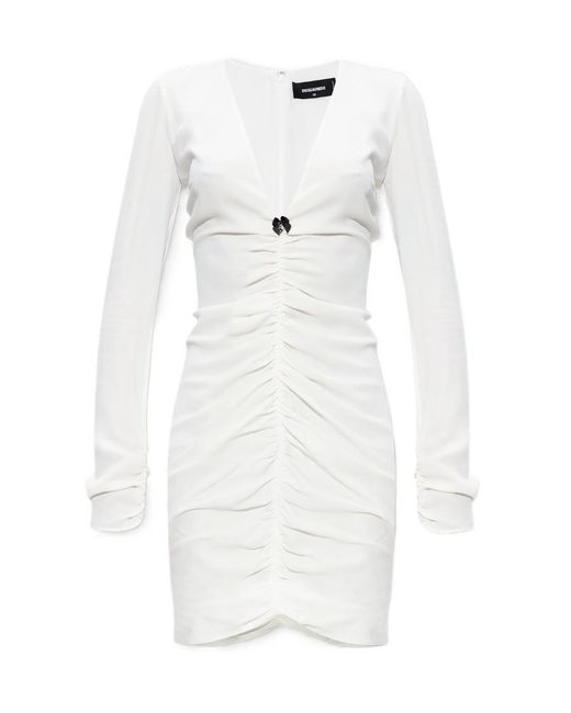 DSquared² White Long Sleeved V-Neck Gathered Mini Dress