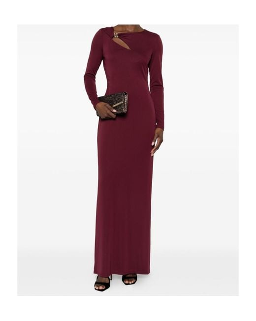 Ralph Lauren Red Brooch Long-Sleeve Maxi Dress