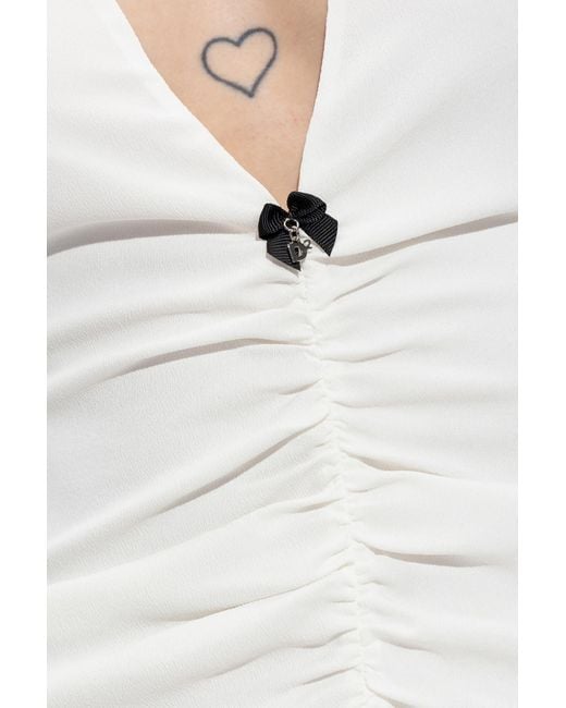 DSquared² White Long Sleeved V-Neck Gathered Mini Dress