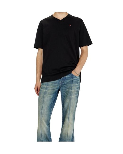 DIESEL Black Logo-Embroidered V-Neck Cotton T-Shirt for men