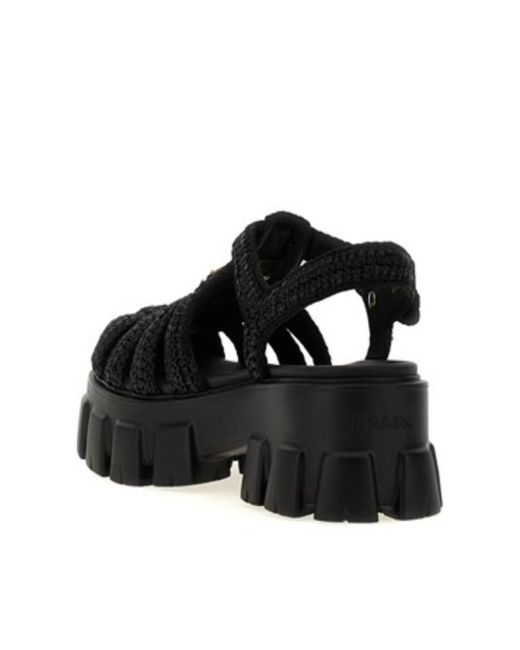 Prada Black Monolith Crochet Cage Sandals
