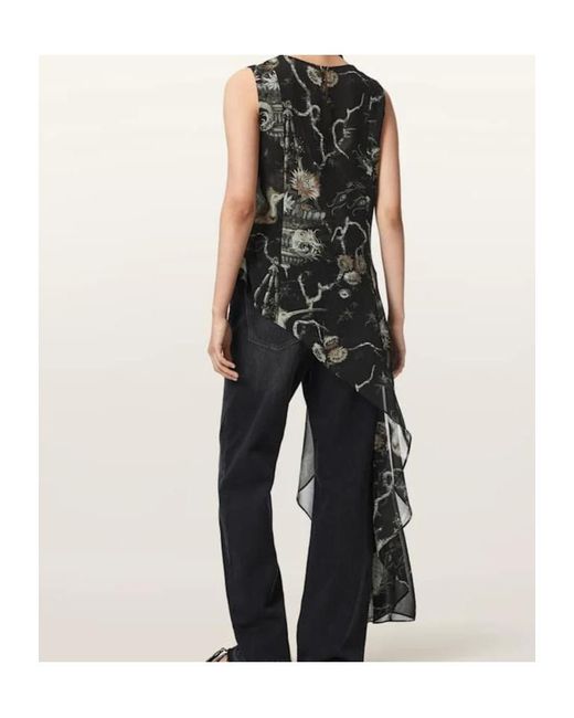 AllSaints Black Asymmetric Print Wrap Top