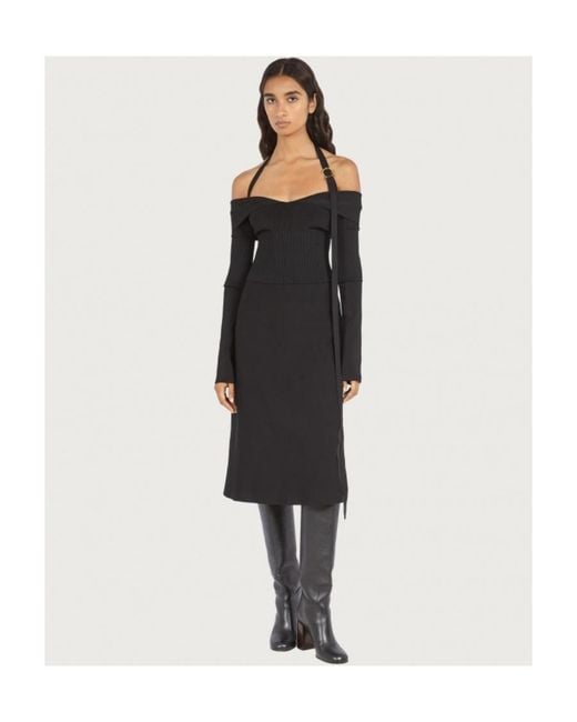 Ferragamo Black Ferragamo Off-Shoulder Long-Sleeved Midi Dress