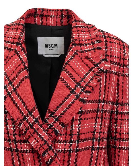 MSGM Red Double-Breasted Checked Blazer