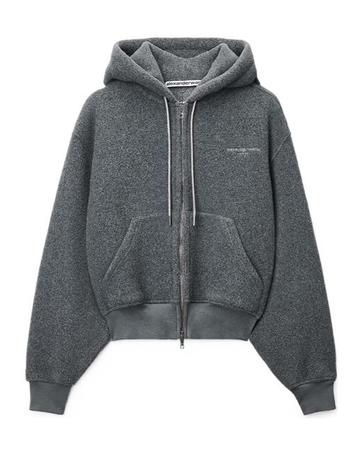 Alexander Wang Gray Crystal Drawcord Shrunken Zip-Up Hoodie