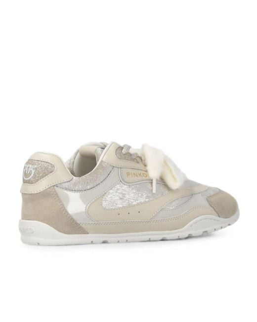 Pinko White Panelled Shearling-Trim Sneakers