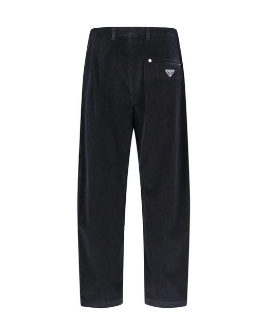 Prada Blue Triangle Logo Corduroy Trousers for men