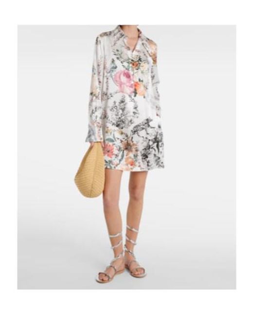 Camilla White Floral Silk Satin Shirt Dress