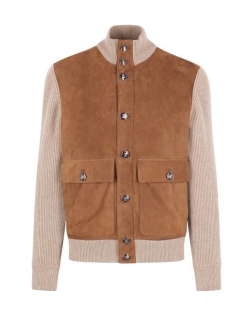 Brunello Cucinelli Brown Leather Bomber Jacket for men