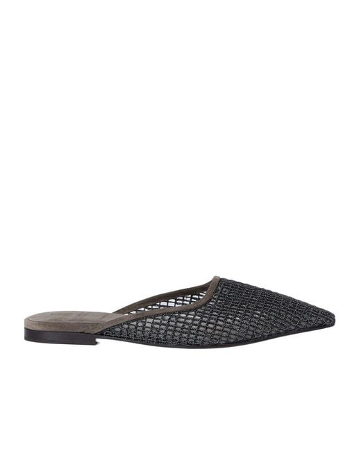 Brunello Cucinelli Brown Square Toe Net-Embroidery Mules