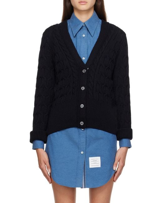 Thom Browne Black Cable Knitted V-Neck Cardigan