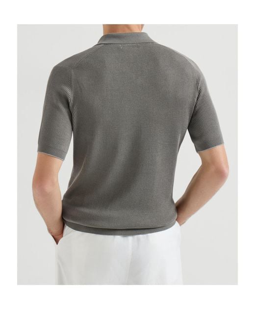 Brunello Cucinelli Gray Fine-Knitted Ribbed Polo Shirt for men