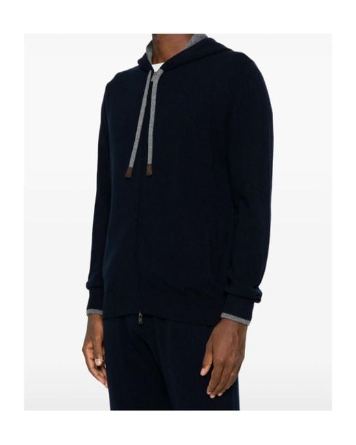 Fedeli Blue Zip-Up Drawstring Knitted Hoodie for men