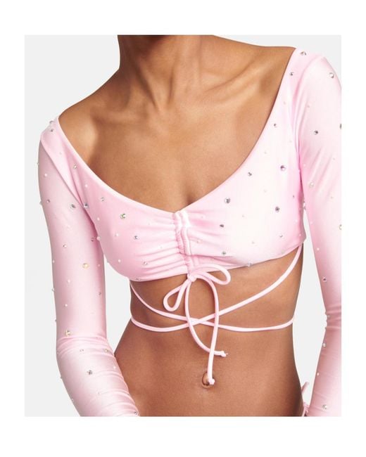 Alessandra Rich Pink Crystal-Embellished Ruched Bikini