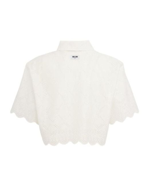 MSGM White Cropped Eyelet Lace Shirt