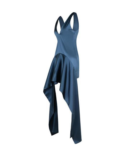 J.W. Anderson Blue Draped Satin V-Neck Dress With Asymmetric Hem