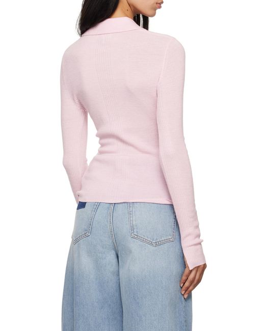 Ganni Pink Long-Sleeved Knitted Polo Top