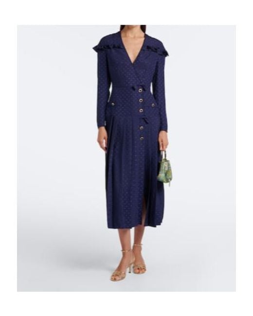 Alessandra Rich Blue Pleated Silk Jacquard Midi Dress
