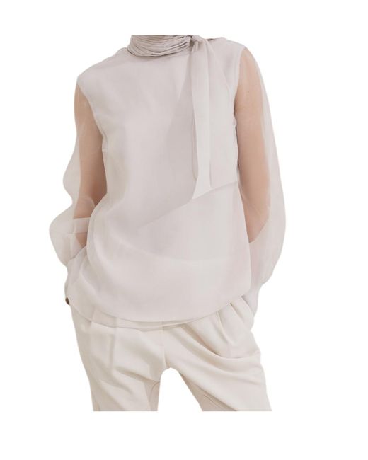 Brunello Cucinelli White Bow Detailed High Neck Blouse