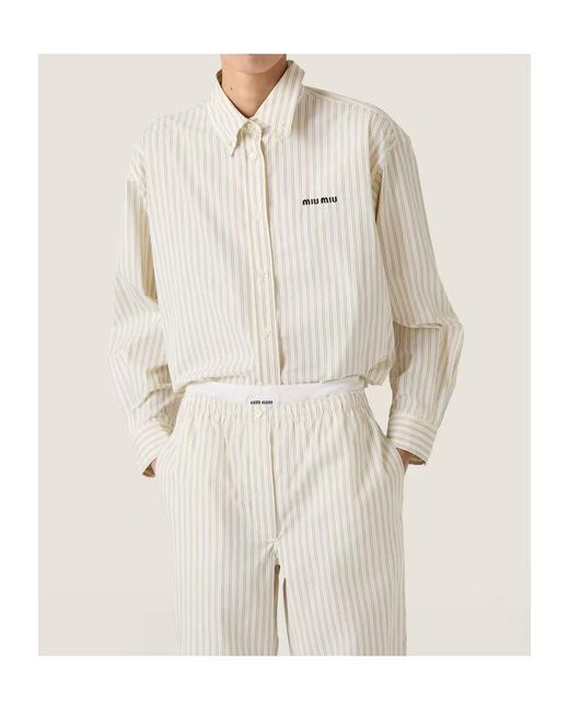 Miu Miu White Logo-Embroidered Buttoned Striped Shirt