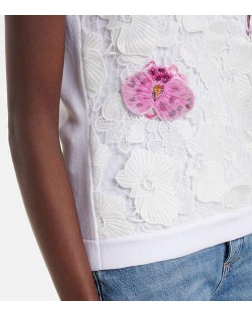Oscar de la Renta White Lace-Trimmed Floral-Appliqué Cotton-Blend Top