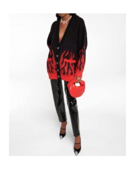 Alessandra Rich Red Embellished Mohair-Blend Jacquard Cardigan