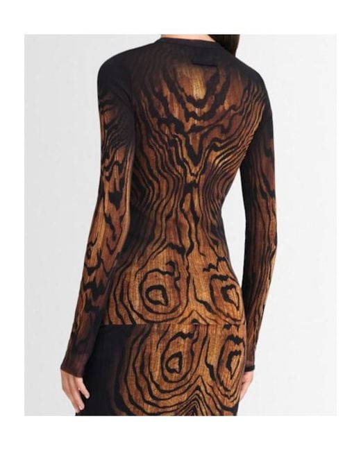 Jean Paul Gaultier Brown Wood Grain Print Mesh Long-Sleeved Top