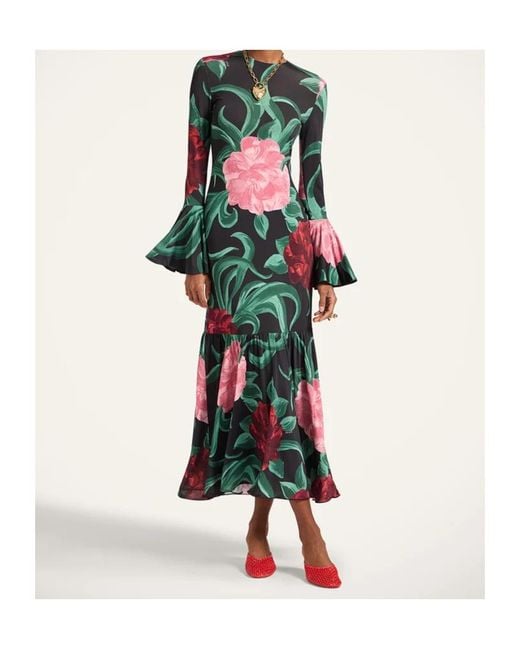 LaDoubleJ Green Alba Floral Ruffled Midi Dress