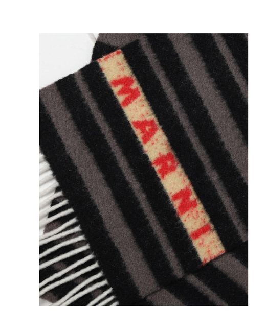 Marni Black Striped Logo Intarsia Fringed Scarf