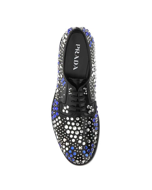 Prada Blue Brushed Leather Derby Shoes With Studs And Rhinestones for men