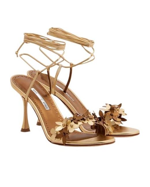 Manolo Blahnik Metallic Floral-Appliqué Leather Sandals