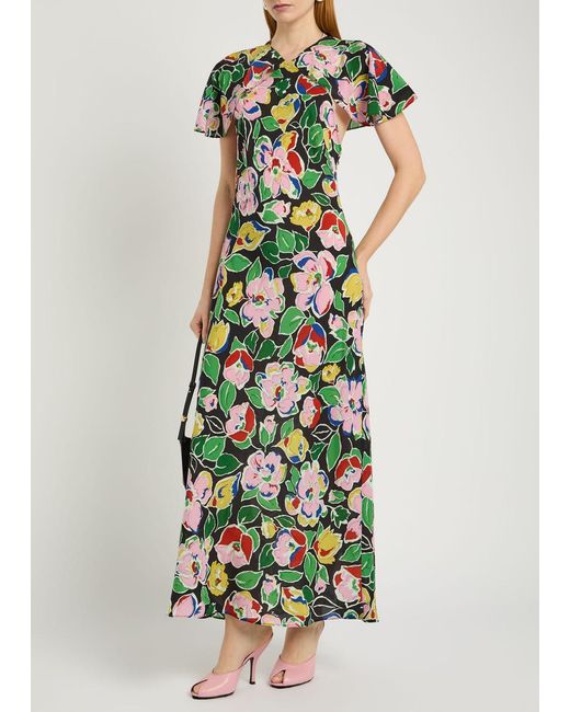 Rixo Green Aryella Floral Silk Midi Dress