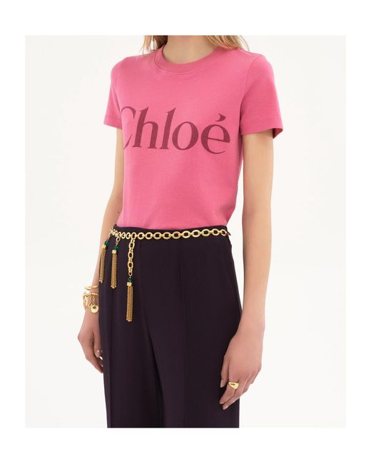 Chloé Pink Chloé Logo Printed Crewneck T-Shirt