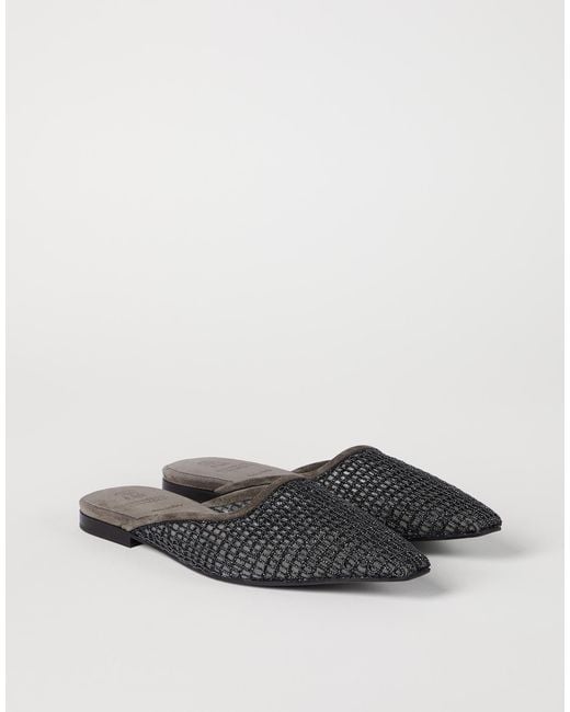 Brunello Cucinelli Brown Square Toe Net-Embroidery Mules
