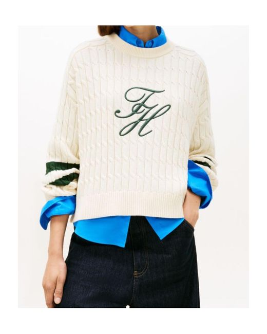 Tommy Hilfiger White Cable-Knit Logo-Embroidered Sweater