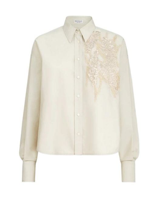Brunello Cucinelli White Embellished Buttoned Blouse