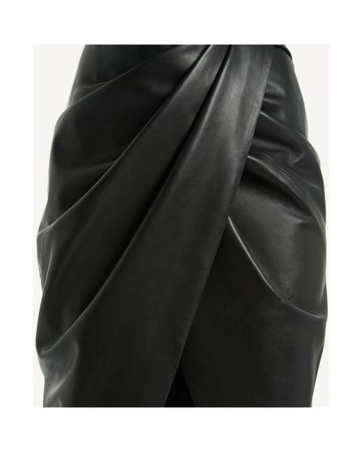 Balmain Black Draped Lambskin Midi Skirt