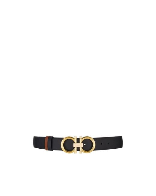 Ferragamo White Reversible And Adjustable Belt With Hammered Gancini