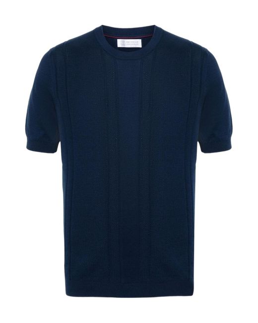 Brunello Cucinelli Blue Knitted Cotton T-Shirt for men
