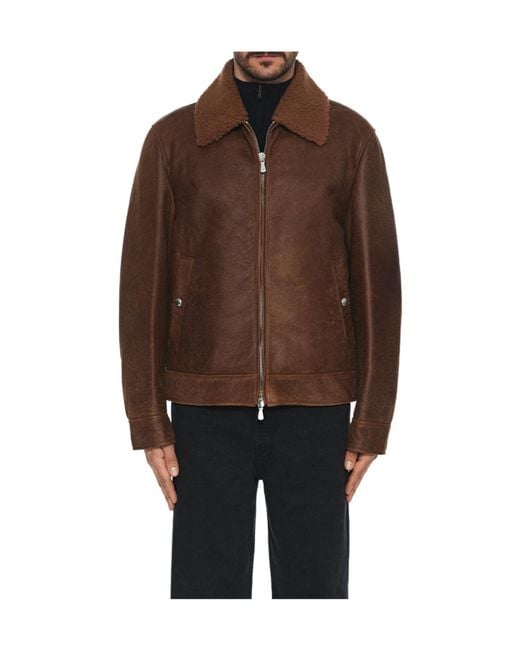 Eleventy Brown Lapel Zipper Leather Jacket for men