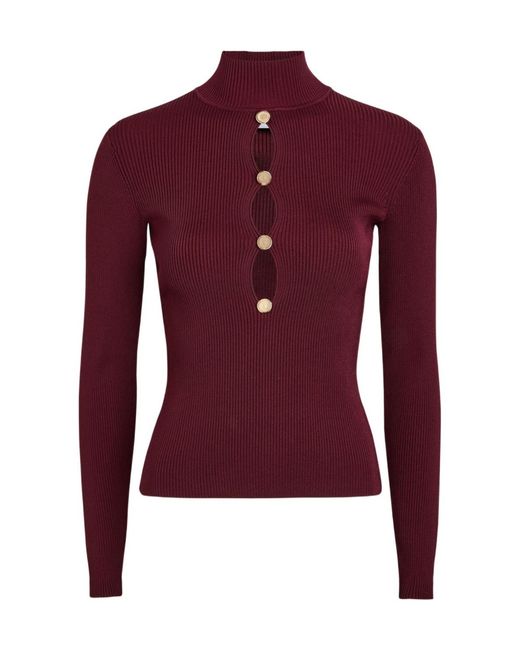 Self-Portrait Red Keyhole Ribbed Stretch-Knit Top