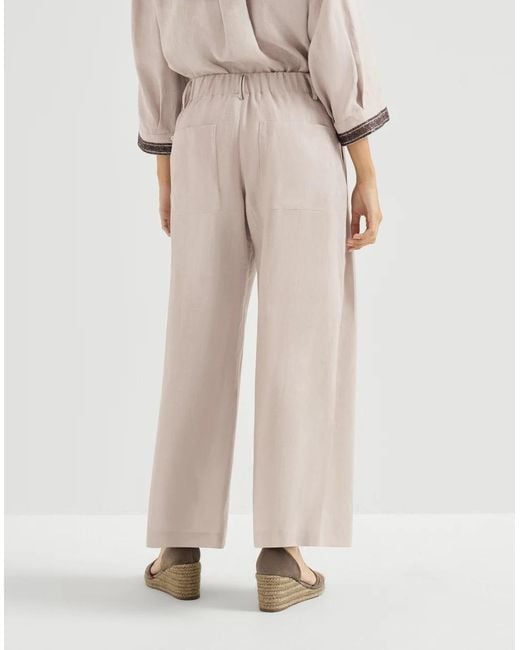 Brunello Cucinelli Natural Linen Drawstring Wide-Leg Trousers