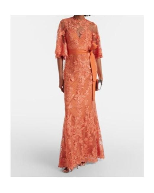 Elie Saab Orange Embroidered Lace And Tulle Gown