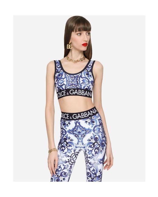 Dolce & Gabbana Blue Majolica-Print Jersey Top With Branded Elastic
