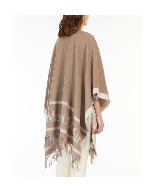 Max Mara Natural Logo Detailed Fringed Knitted Cape