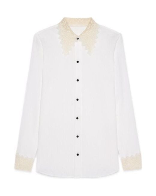Saint Laurent White Striped Lace Embroidered Shirt