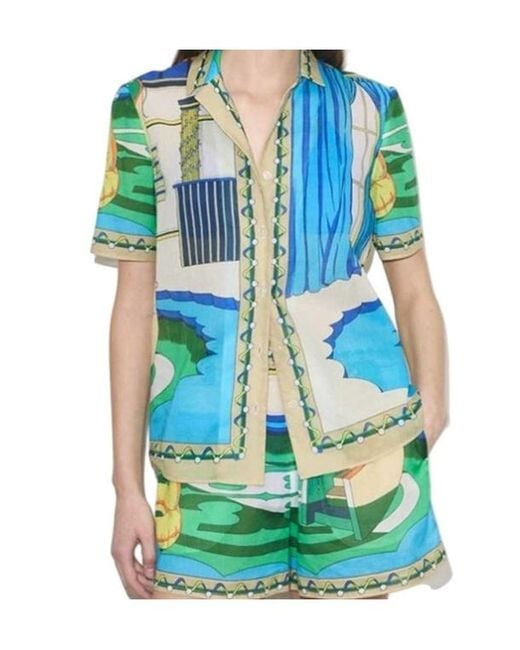 Tory Burch Blue Pool-Print Cotton Shirt
