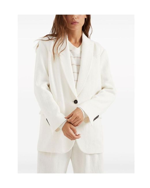 Brunello Cucinelli White Herringbone Single-Breasted Tailored Blazer